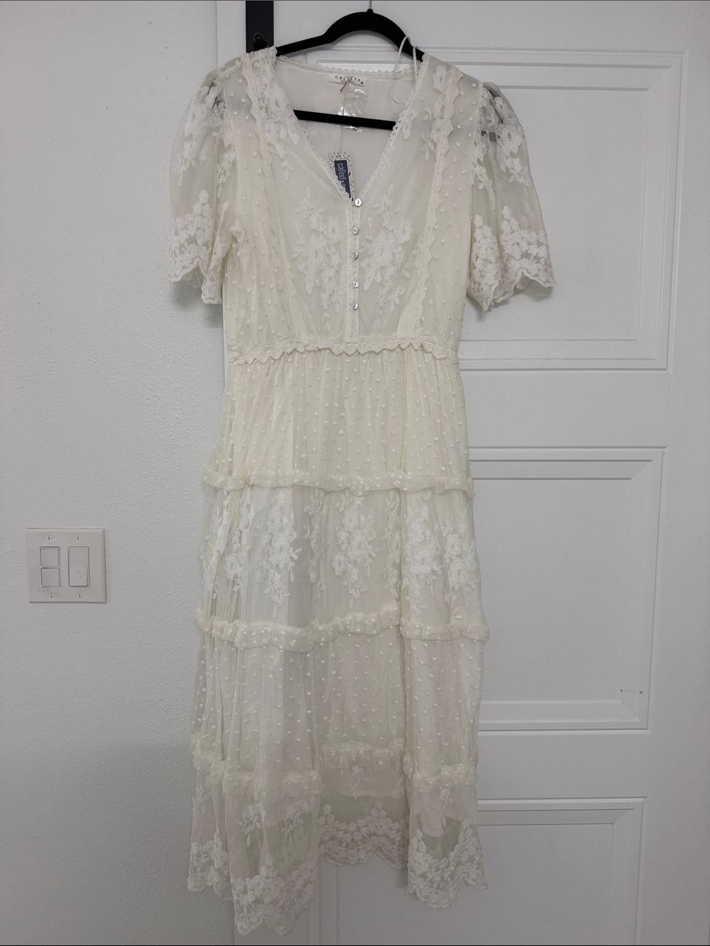 Romantic Ivory Lace Tiered Midi Dress with V-Neck